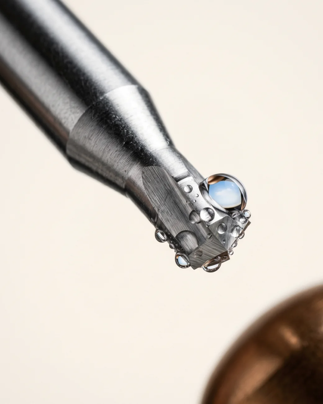 Macro de uma ponta de instrumental de precisão em aço com gotas de soro e reflexo bronze ao fundo, em paleta creme e tabaco.