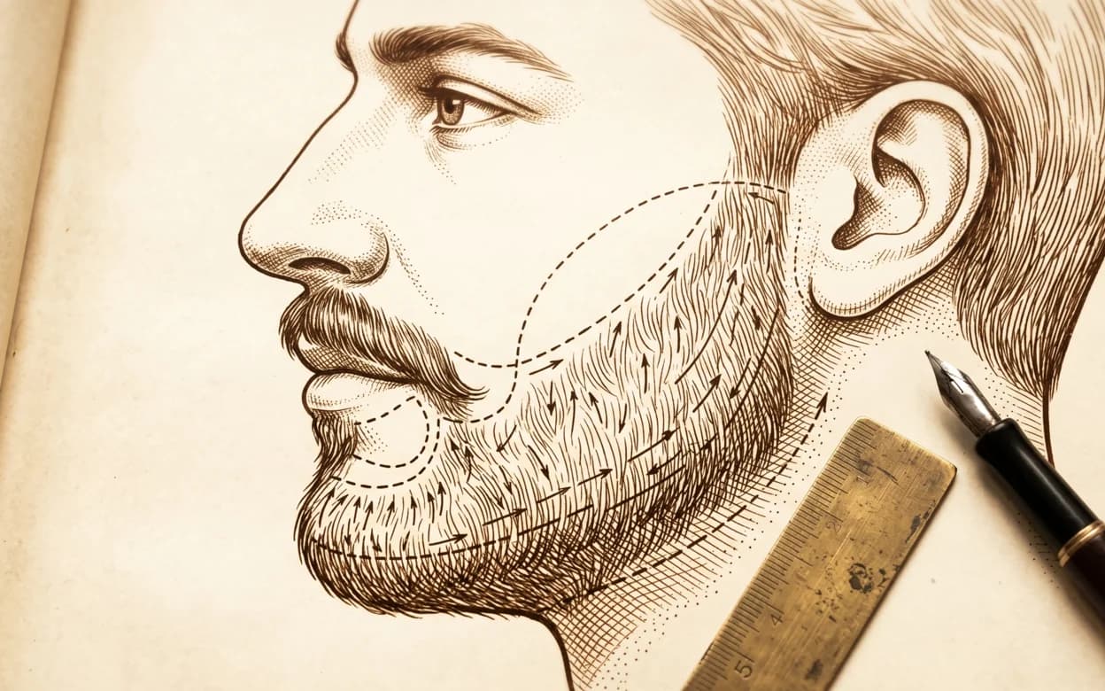 Desenho anatômico vintage de cabeça masculina de perfil com o mapeamento sobre a barba: contornos, zonas de densidade e direção de implante dos fios na mandíbula, queixo e bochecha, sobre caderno com régua de latão e caneta-tinteiro.