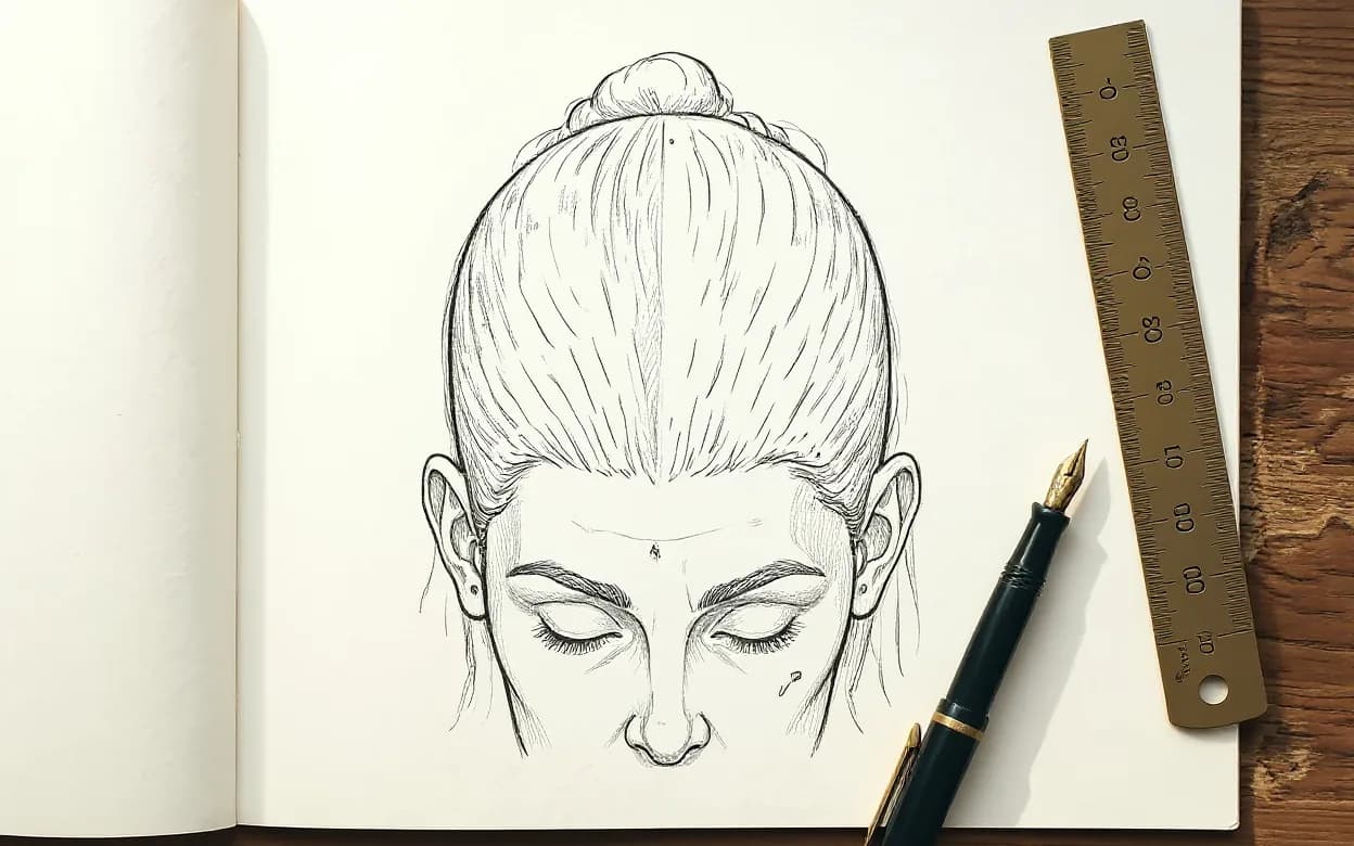 Desenho anatômico vintage de cabeça feminina ilustrando o alargamento da partição central e a rarefação difusa na coroa, sobre caderno com régua de latão e caneta-tinteiro.