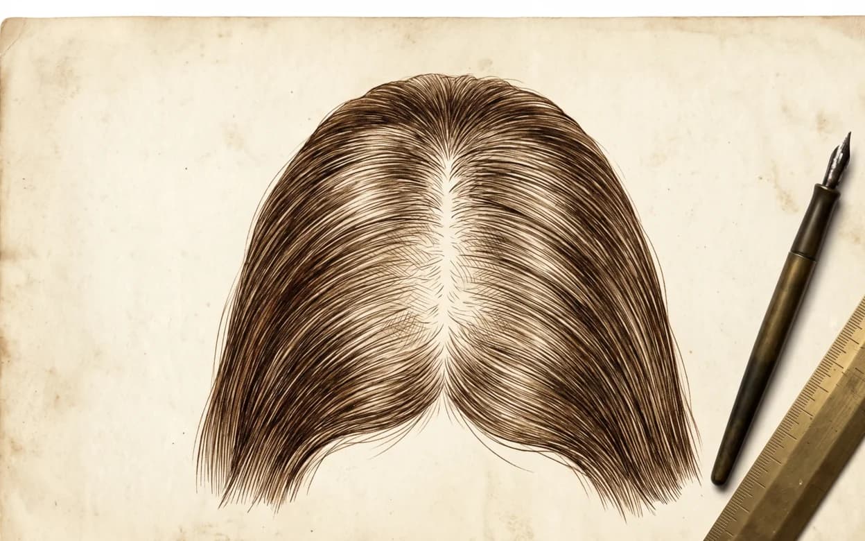 Desenho vintage de cabeça feminina vista de cima, com a repartição central alargando para revelar o couro cabeludo (padrão difuso feminino), sobre papel com régua de latão e caneta-tinteiro.