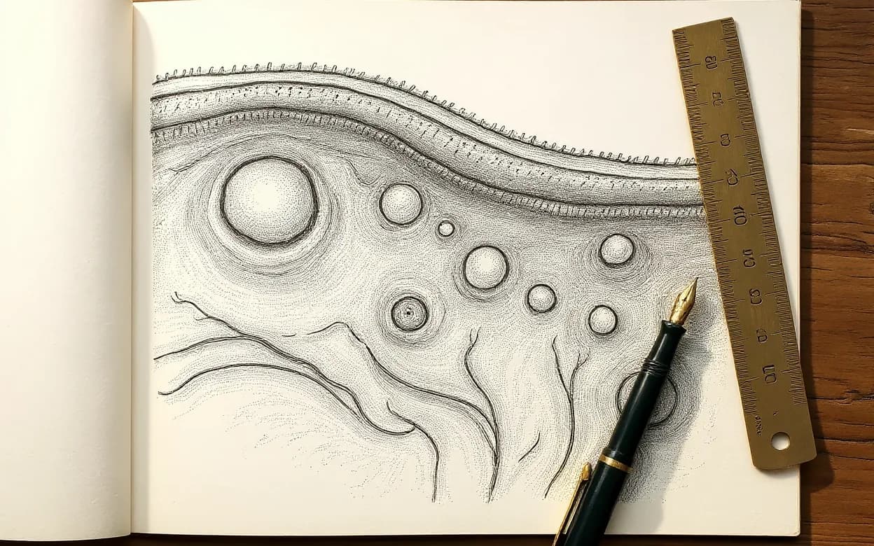 Desenho anatômico vintage em corte do couro cabeludo mostrando folículos de tamanho decrescente, ilustrando a miniaturização folicular, sobre caderno com régua de latão e caneta-tinteiro.