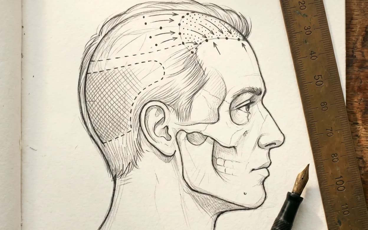 Desenho anatômico vintage de cabeça masculina de perfil com mapeamento das zonas do couro cabeludo, área doadora occipital e direção dos fios, sobre caderno com régua de latão e caneta-tinteiro.