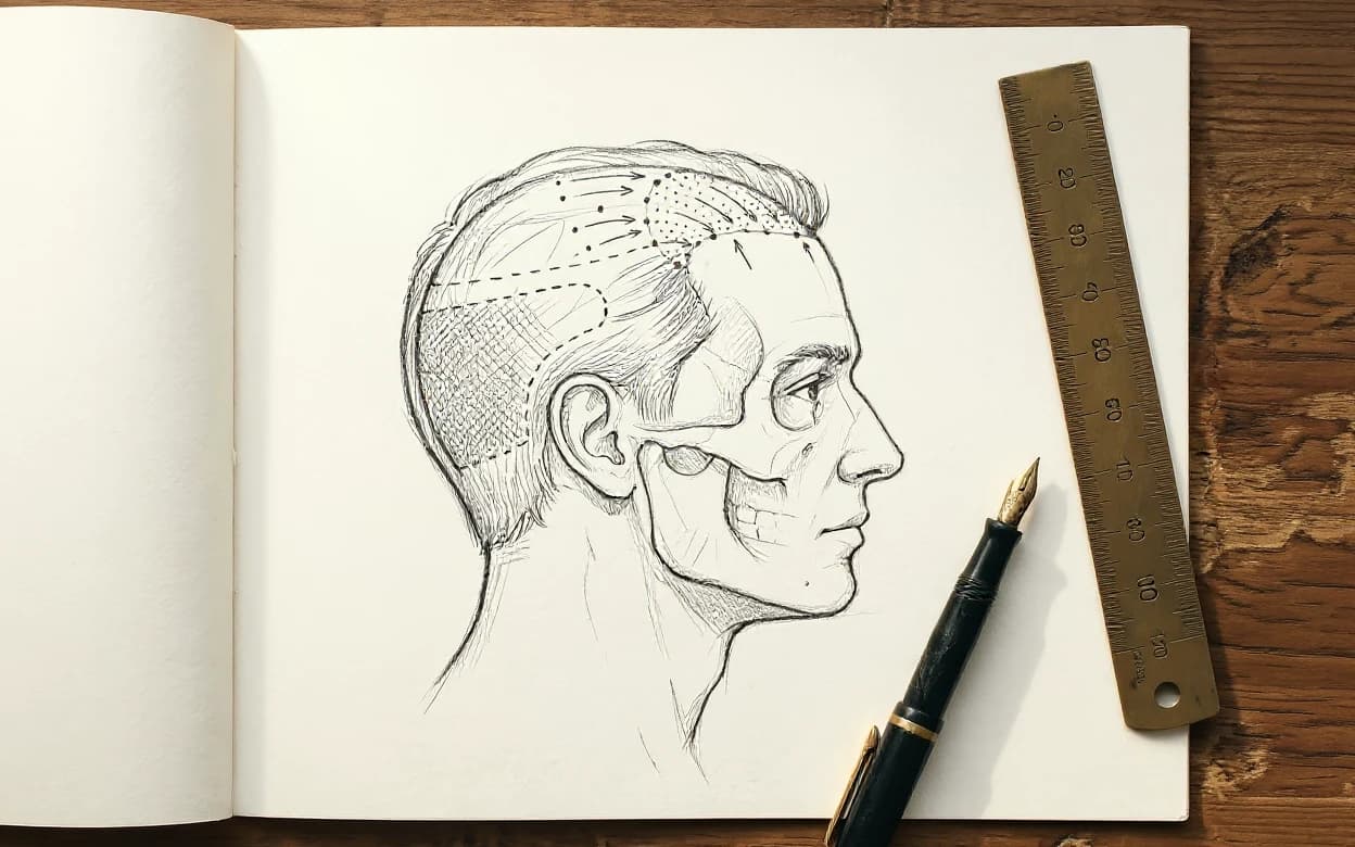 Desenho anatômico de cabeça masculina de perfil mapeando as zonas do couro cabeludo: laterais e nuca preservadas como área doadora, topo com afinamento.