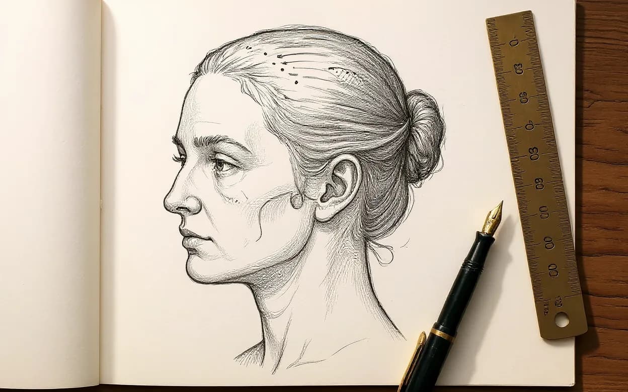 Desenho anatômico vintage de cabeça feminina mapeando a linha frontal e a distribuição de densidade ao longo da partição, sobre caderno com régua de latão e caneta-tinteiro.