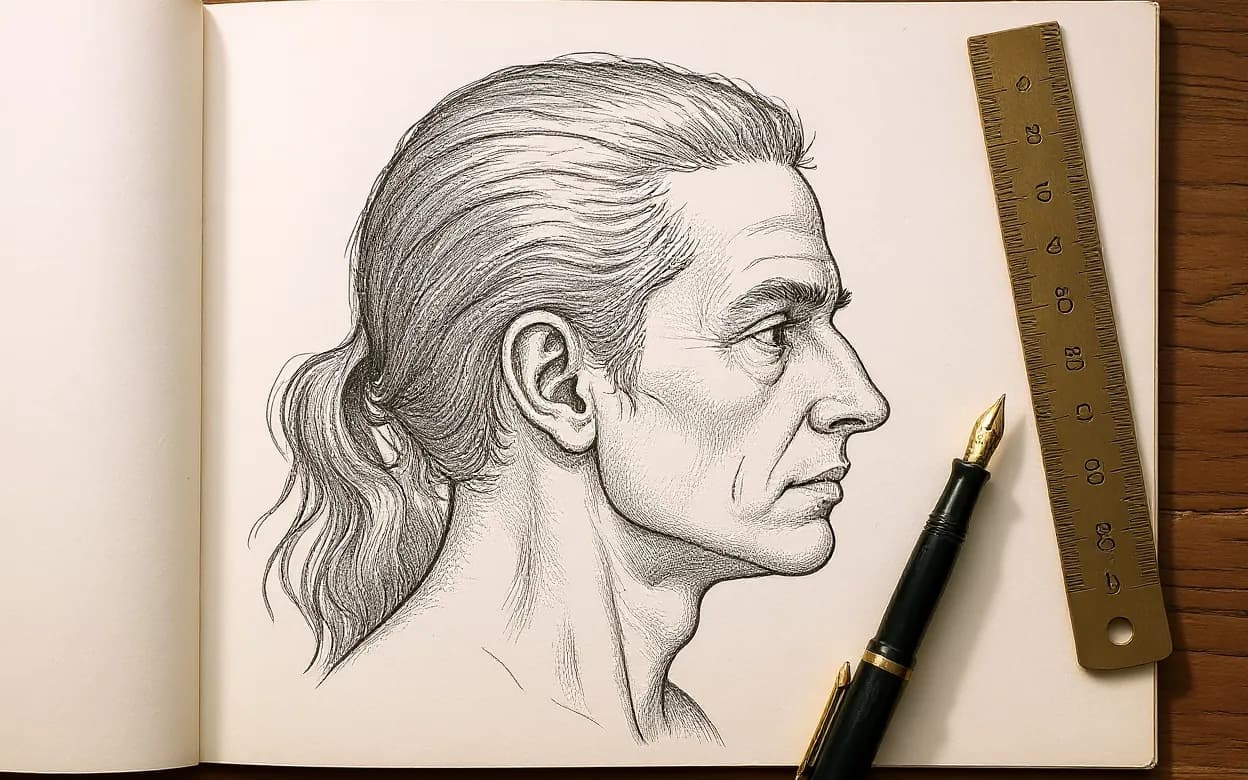 Desenho anatômico vintage de cabeça masculina de perfil com fios longos preservados, ilustrando a implantação entre o cabelo nativo sem raspagem, sobre caderno com régua de latão e caneta-tinteiro.