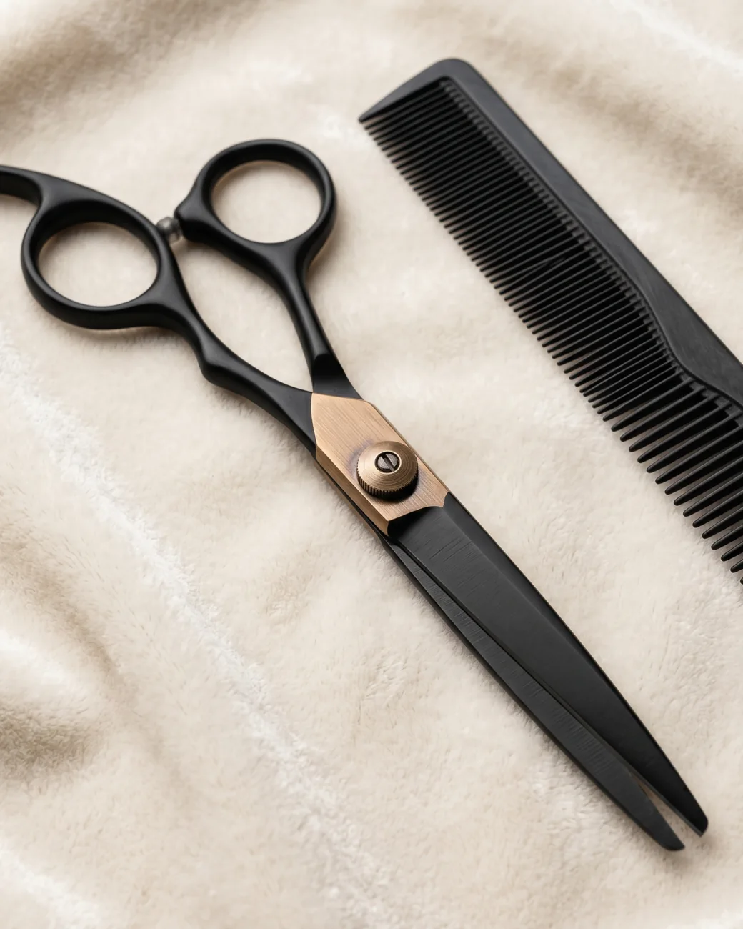 Tesoura e pente pretos com parafuso bronze sobre tecido aveludado creme, still life editorial em paleta quente.