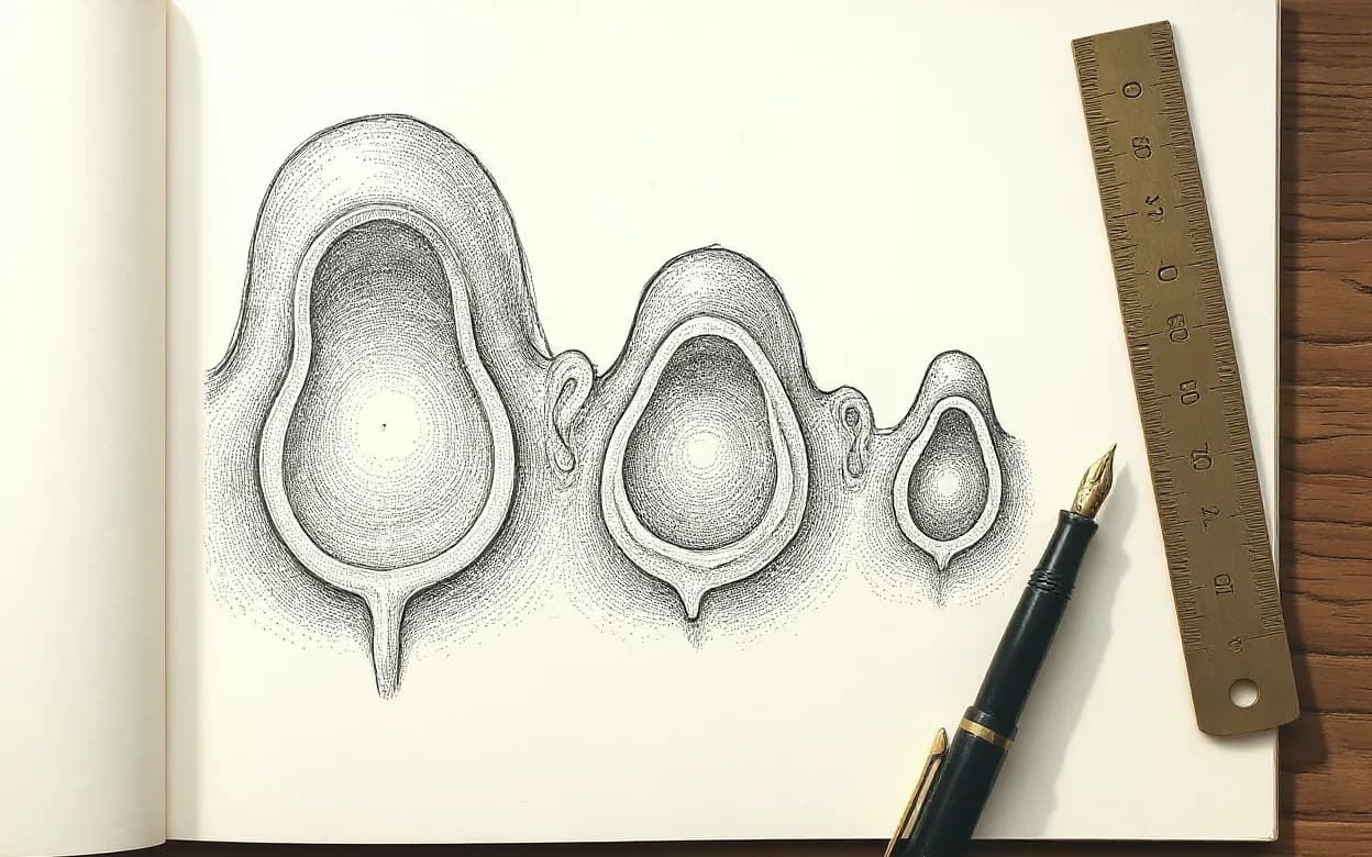 Desenho anatômico vintage de três folículos capilares em corte, dispostos lado a lado em tamanhos decrescentes para ilustrar as fases do ciclo de crescimento do fio, sobre caderno com régua de latão e caneta-tinteiro.