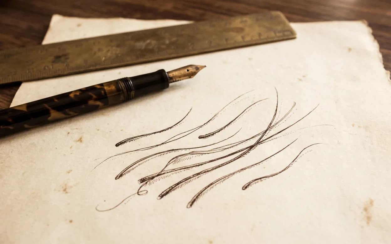 Estudo vintage à pena de alguns fios de cabelo soltos sobre papel envelhecido, com régua de latão e caneta-tinteiro, em paleta sépia.