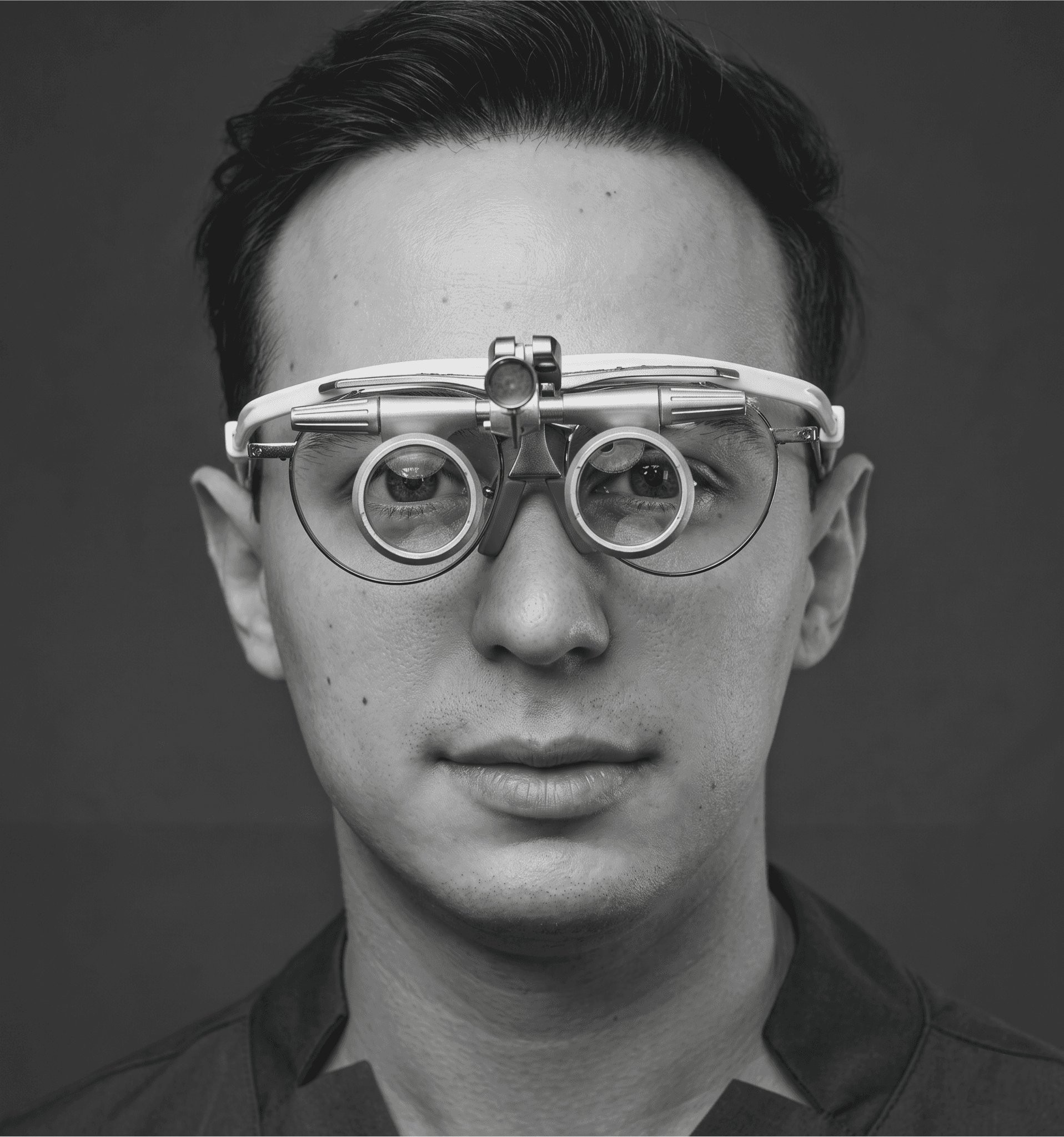Dr. Lucas Moura em retrato editorial em preto e branco, usando lupa binocular cirúrgica, olhar direto e expressão serena.