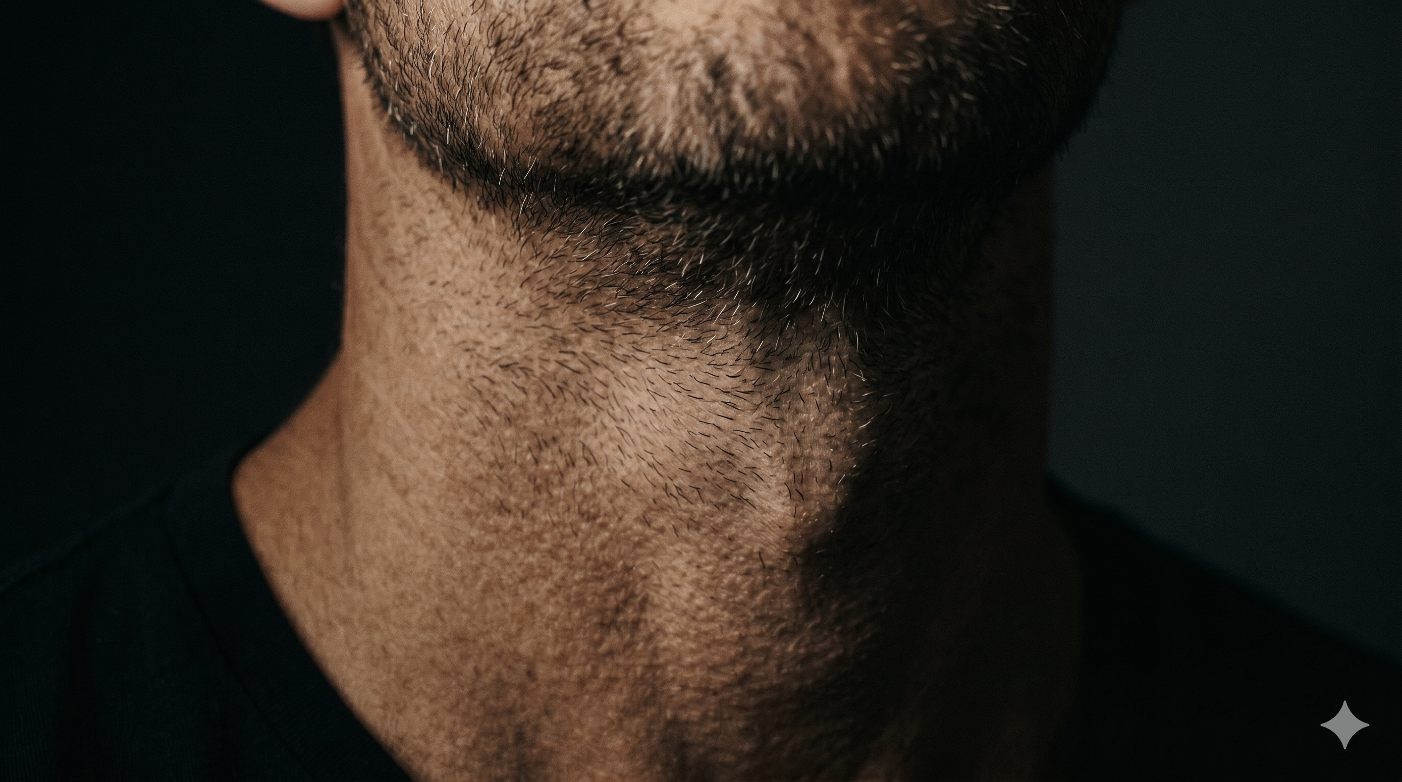 Close lateral cinematográfico de mandíbula masculina madura com barba castanha em densidade média, iluminação Rembrandt.