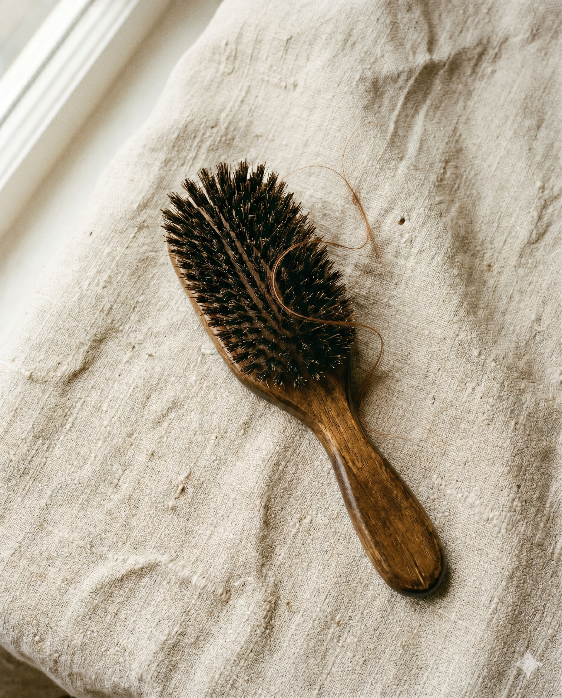Natureza morta editorial de escova de cabelo de cerdas naturais javali sobre tecido de linho cru, único fio cobre castanho nas cerdas.