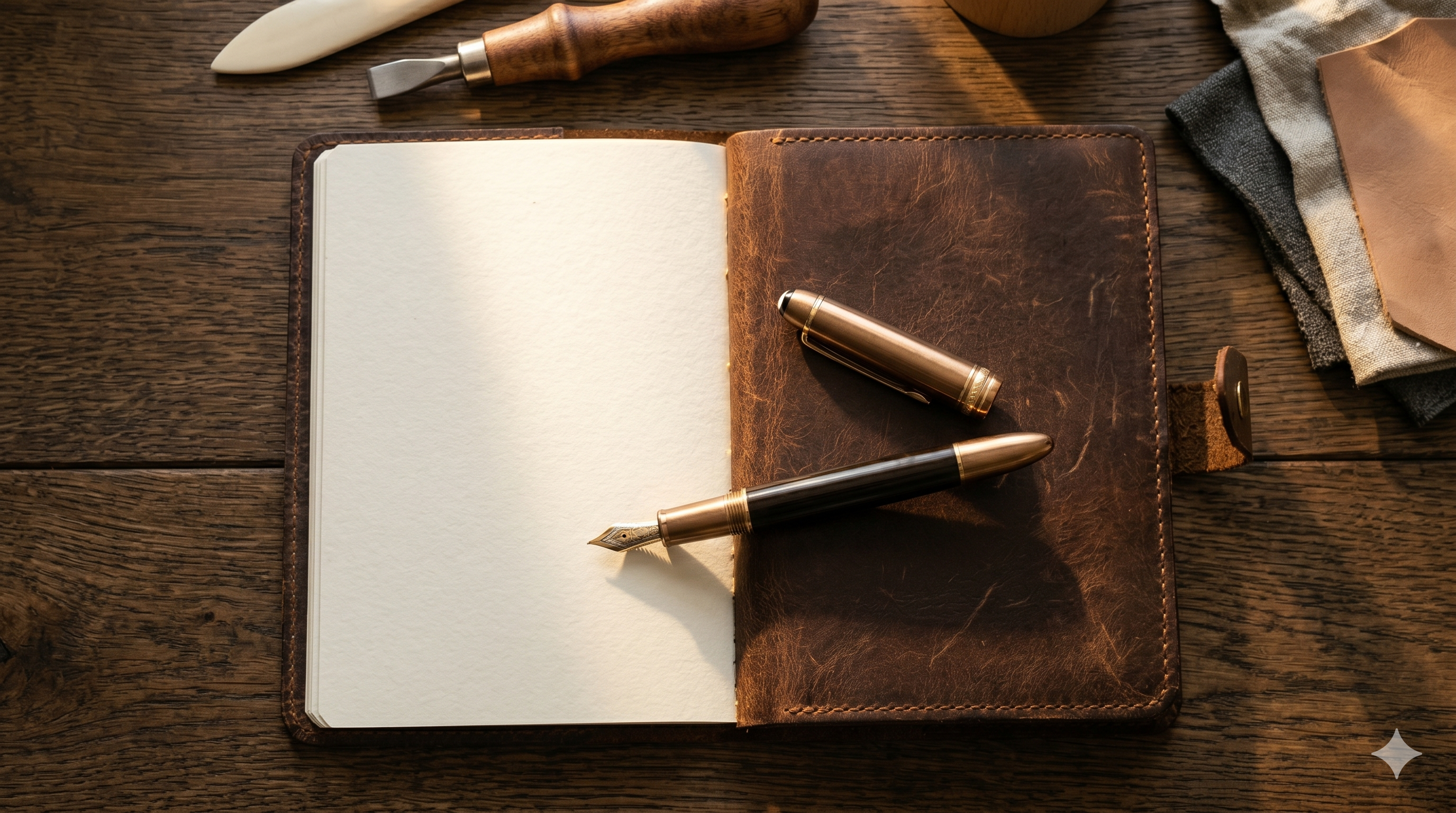 Caneta tinteiro bronze aberta diagonal sobre caderno em couro tabaco, papelaria luxury.