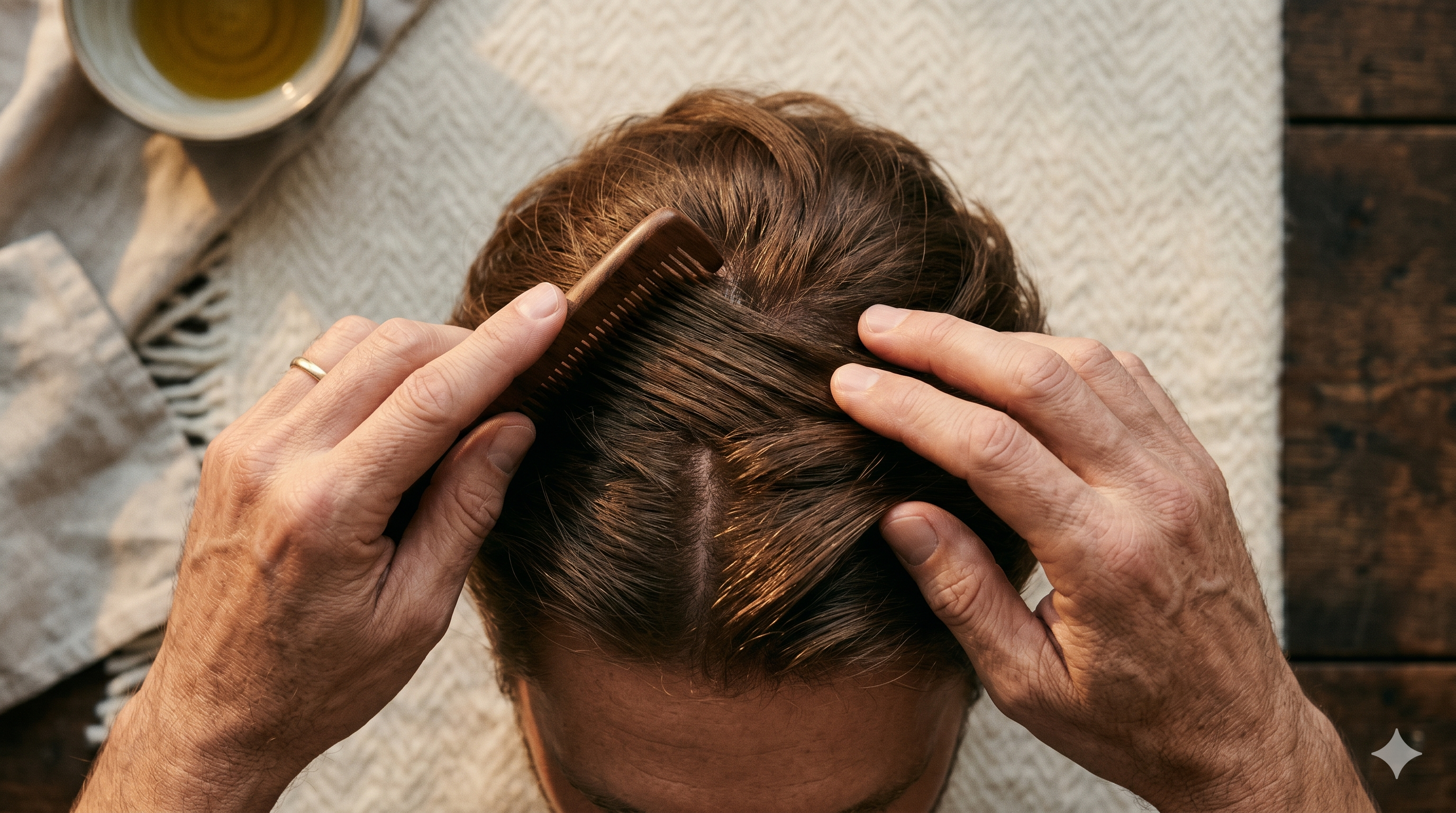 Vista zenital de mãos masculinas penteando cabelo castanho médio em luz dourada, anonimato editorial.