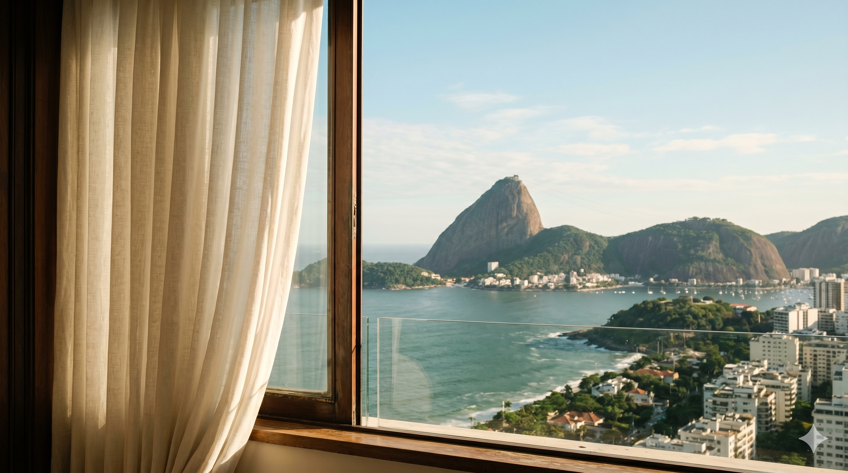 Vista do Pão de Açúcar e baía verde através de janela alta com cortina creme em Leblon, atmosfera Conde Nast Traveler.