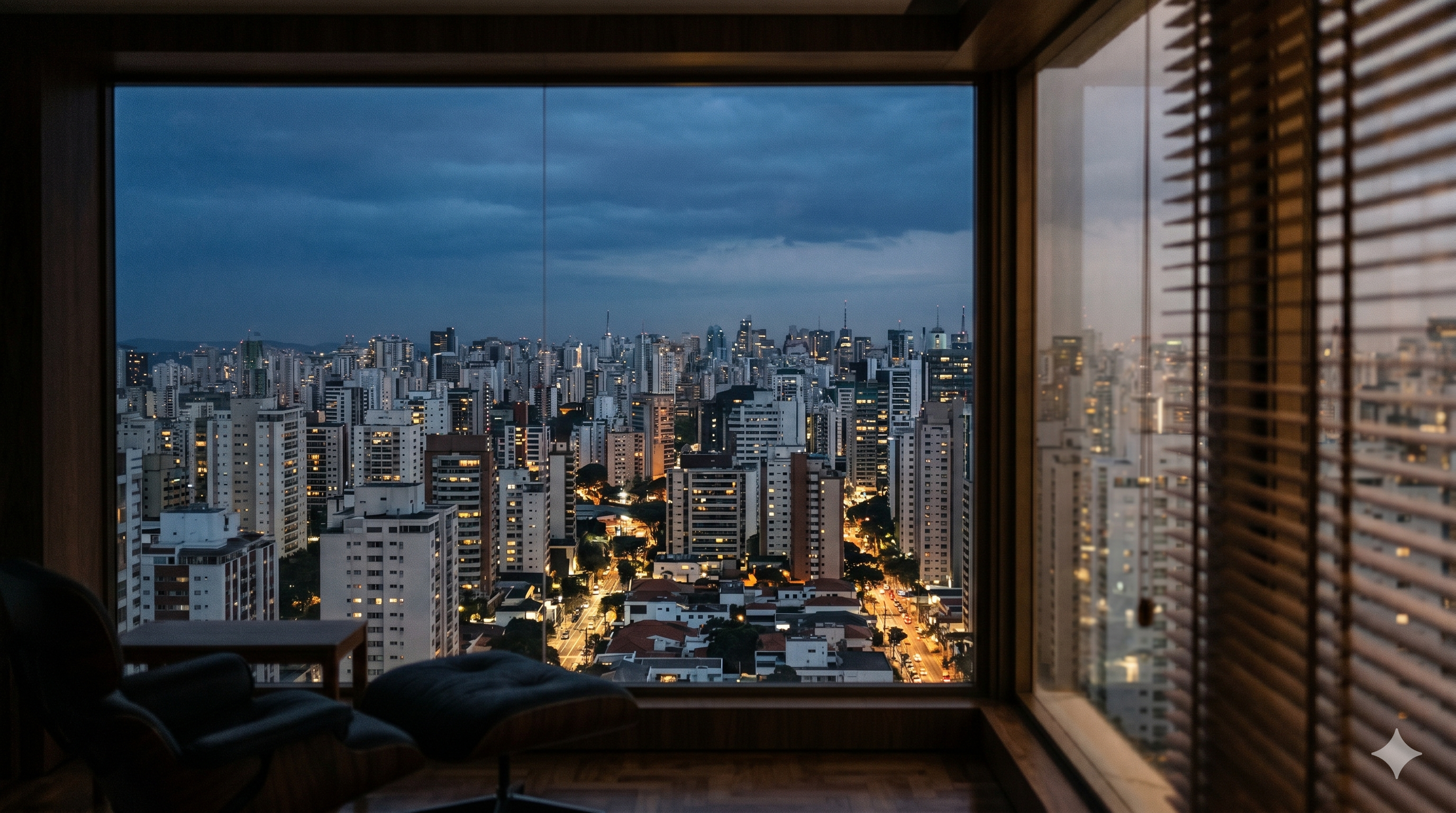 Skyline noturno dos Jardins em São Paulo visto através de janela com esquadria tabaco, atmosfera Wallpaper Hotel SP.