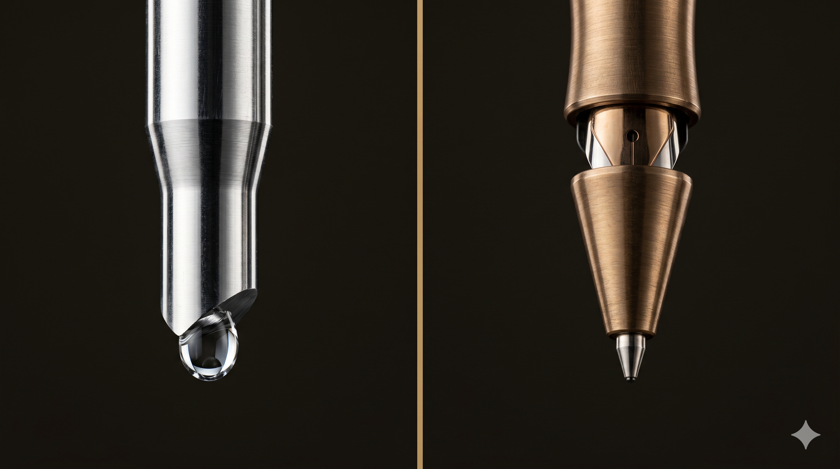 Diptych macro: punch FUE cromado à esquerda e Choi Implanter bronze à direita, mood Cartier high jewelry.